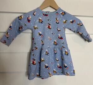 Baby Boden Sledding Animals Winter Scene Long Sleeve Dress 9-12 Months